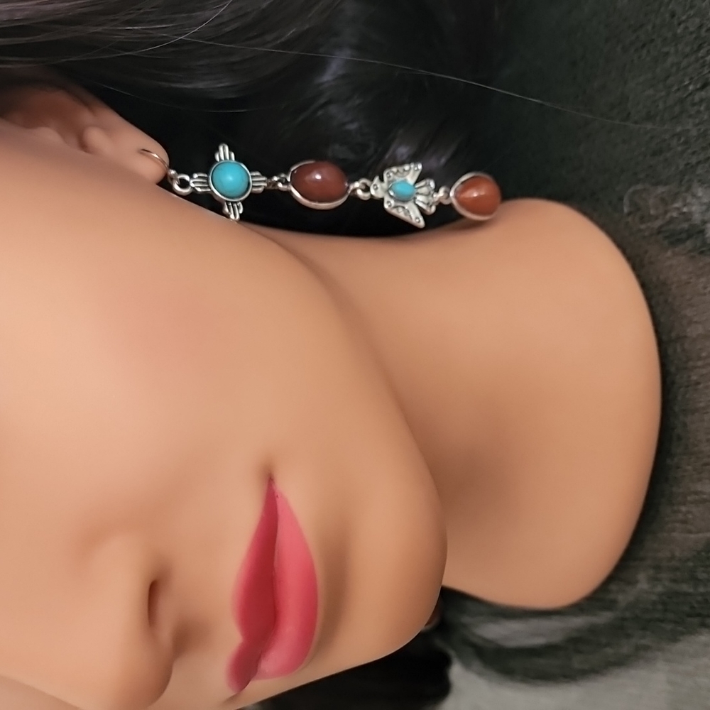 VINTAGE Turquoise Totem Dangle Earrings Boho Tribal Inspired Copper Goldstone - Picture 3 of 13